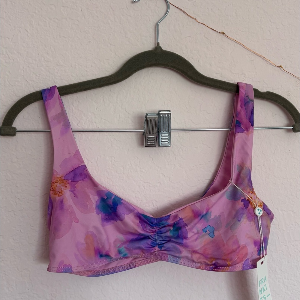 Frankies Bikinis Dexter satin scoop Pink Purple Bikini Top watercolor floral NEW